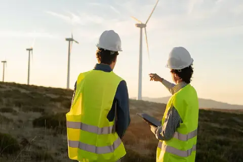Two engineers inspect wind turbines outdoors wearing safety gear.
